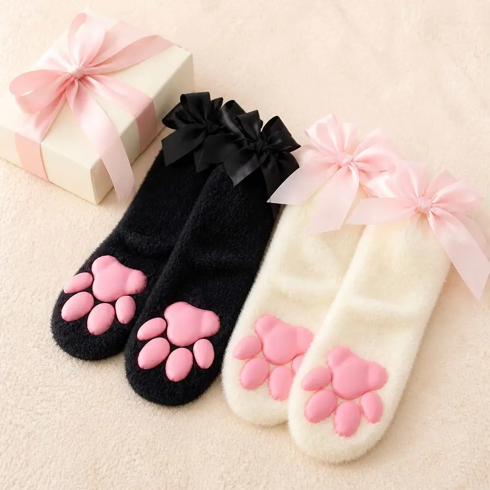 New Raised Paw Pads Paw Socks Soft Fuzzy Texture Finish Animal Paw Socks Ribbon Bow Trim Warm Cat Paw Socks for Women