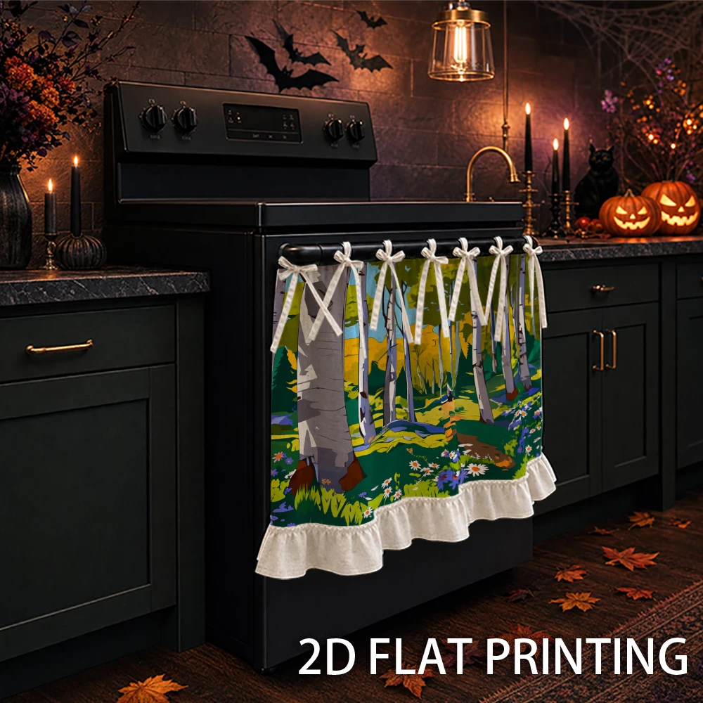 1PC Kitchen Curtain-Cabinet Curtain-Apron. Featuring birch trees and blooming wildflowers — perfect for nature-themed kitchen de