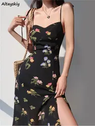 Midi Dress Women Sleeveless Sexy Summer Elegant Lady Printed Backless Design Vintage Temperament Trendy Korean Sundress Holiday
