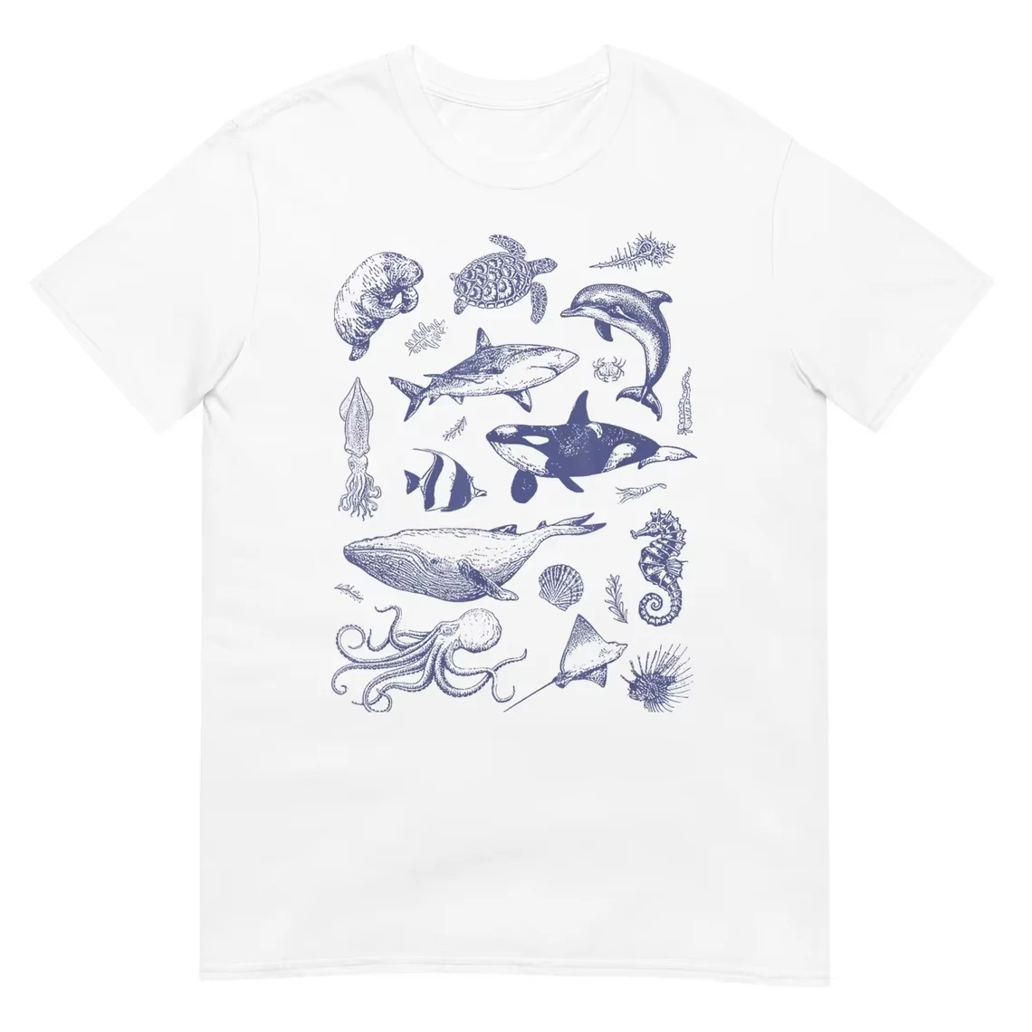 Retro-Style Tattooed Marine Animals — 90s Washed-Effect Shirt Featuring Marine Life; Vintage 90s Style Women Clothing Fashion