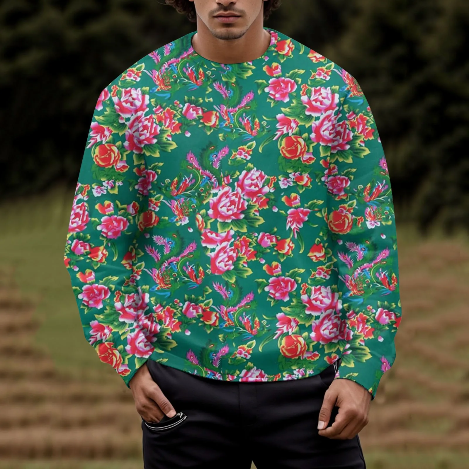 

Male Spring And Autumn Large Flower All Print Long Sleeve Round Neck Hoodless Floral Fashion Trend Bottoming Sweatshirt Tops