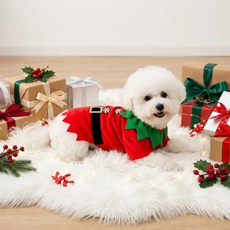 Ein T-Shirt für Hunde, ein weihnachtliches Elfen-T-Shirt mit Knöpfen, weihnachtliche Haustierkostümkleidung. – Detail 3