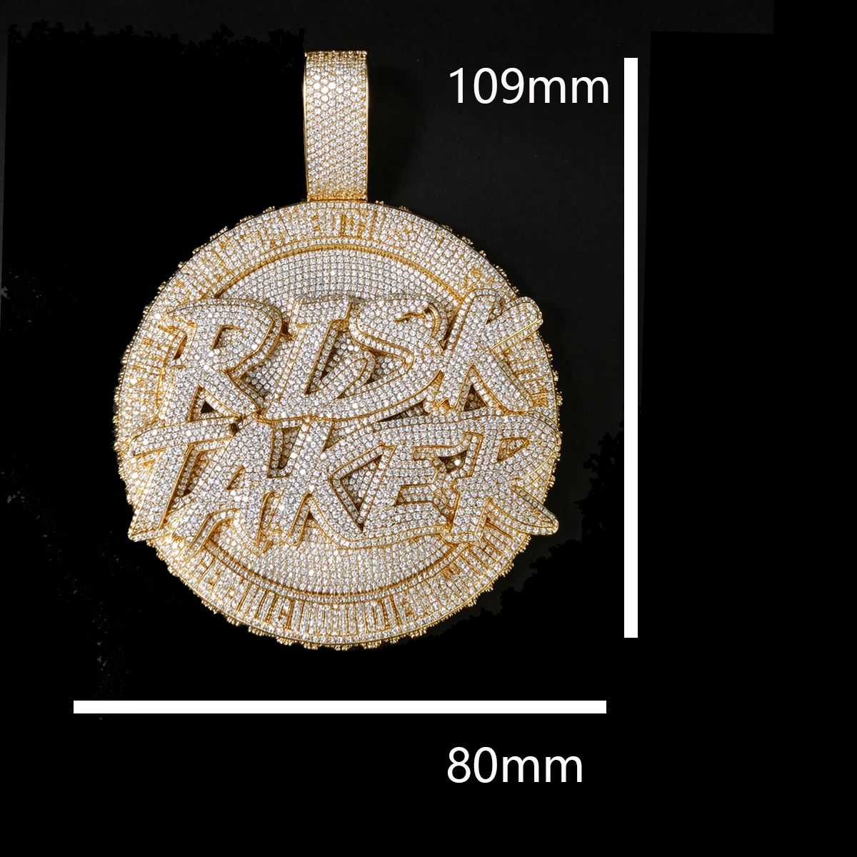 Bold 3D Letter Round Medallion Hip Hop Statement Jewelry For Men Streetwear Rap Bling Charm Necklace Rapper Party Stage Club Accessory Iced Out Risk Taker Circular Pendant Fully Micro Paved CZ 18K Gold Plated Fine Jewelry Gifts For Male Women Boy Friends