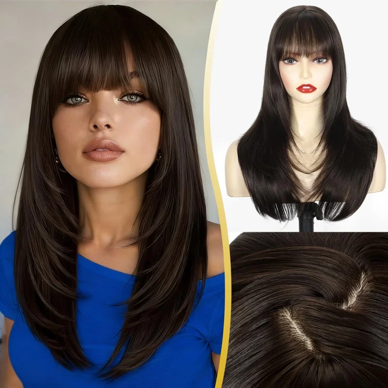 

Women's wig with bangs, black long straight layered synthetic hairpiece, high-temperature fiber