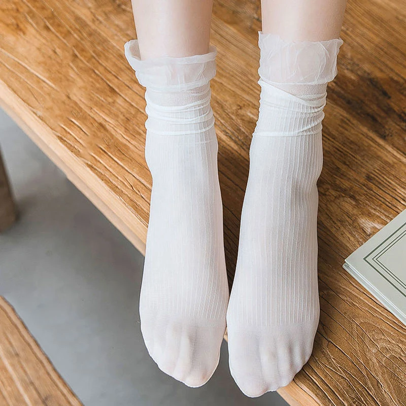 5Pairs Transparent Lace Frilly Ruffle Socks Women Girls Velvet Ultra-thin Long Sock Summer Harajuku Hollow Out Sox Hosiery