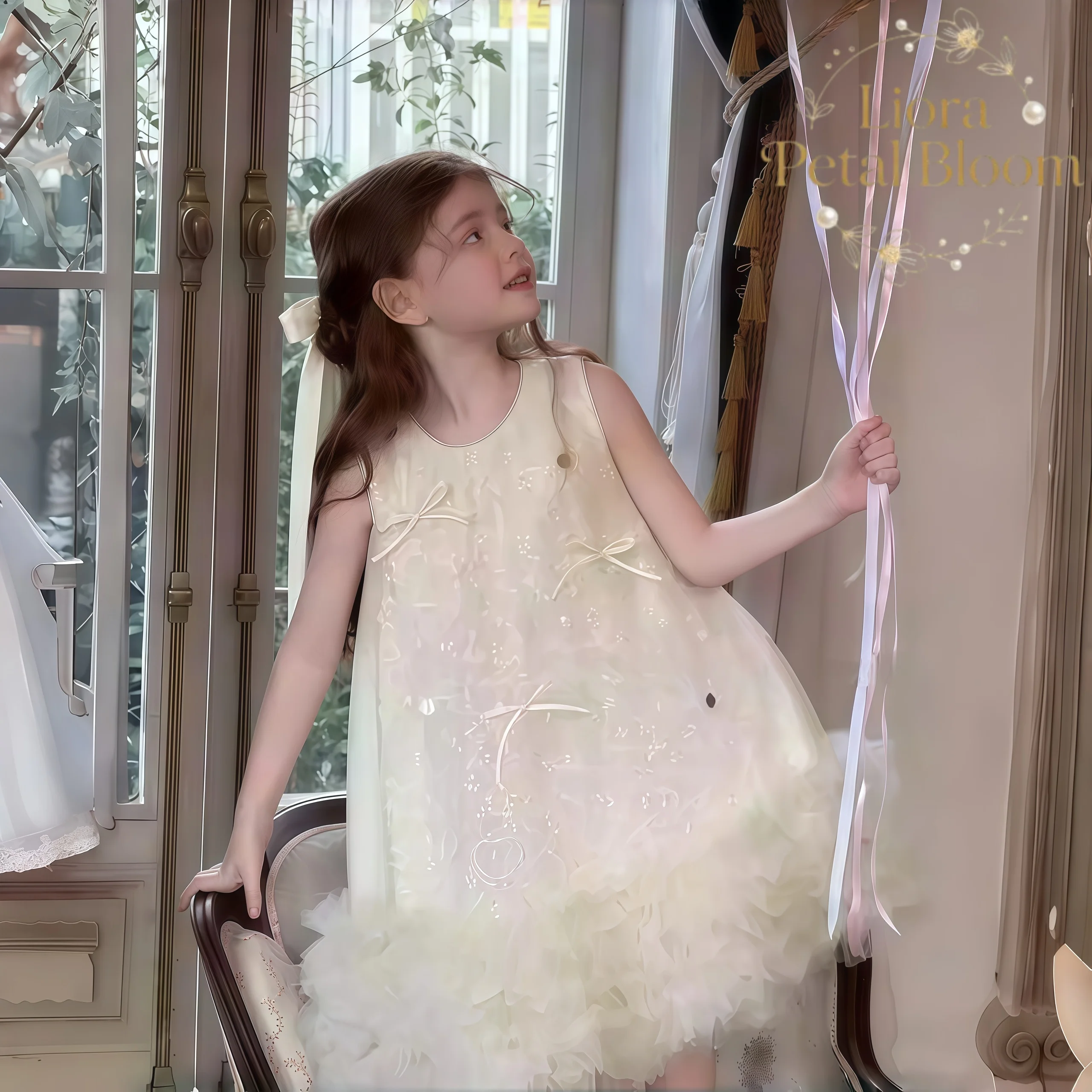 Abito da ragazza con paillettes colorate, abito elegante con fiocco, abito corto da festa, abito da damigella, abito per tutti i giorni