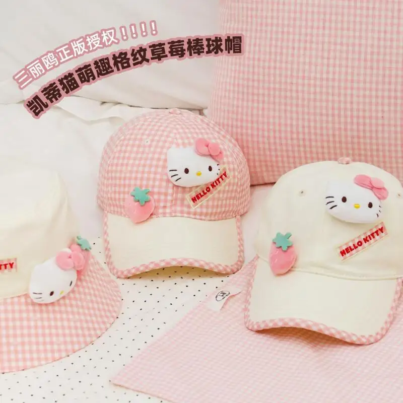 

Бейсболка Kawaiihellokitty в клетку для женщин: весенняя, для активного отдыха, защита от солнца, милая, универсальная, повседневная, мягкая кепка с козырьком