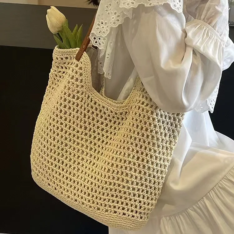 

Women Handbag Plain Woven Grass Woven Bag Beach Bag Handcrafted Capacity Cotton Thread Vegetable Basket Travel and Vacation