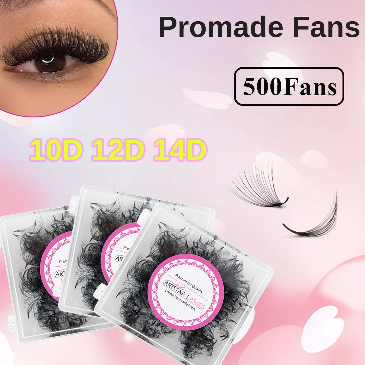 ARTSTAR 500 Loose Premade Eyelash Extensions Pointy Tapered Base 10D 12D 14D 0.05mm C/D Curl 8-15mm Matte Black Fluffy Lashes