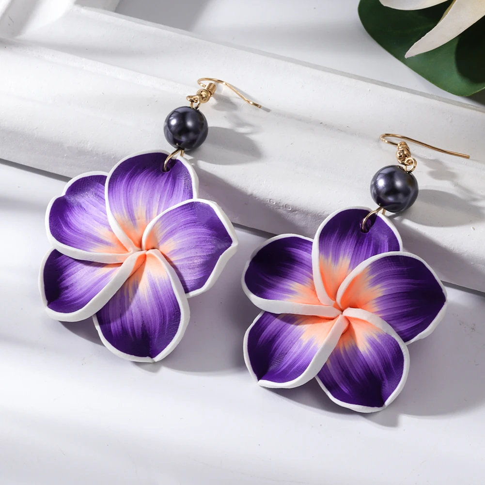 Polynesia Hawaiian Plumeria Dangle Earrings Handmade Soft Polymer Statement Drop Ear Rings Jewelry 2022 Flower Earring for Women