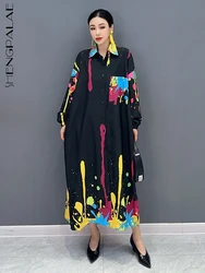 SHENGPALAE Graffiti Printed Dress For Women Fashion Lapel Pocket Patchwork Full Sleeve Loose Vestido Robe Autumn 2024 New 5R5552