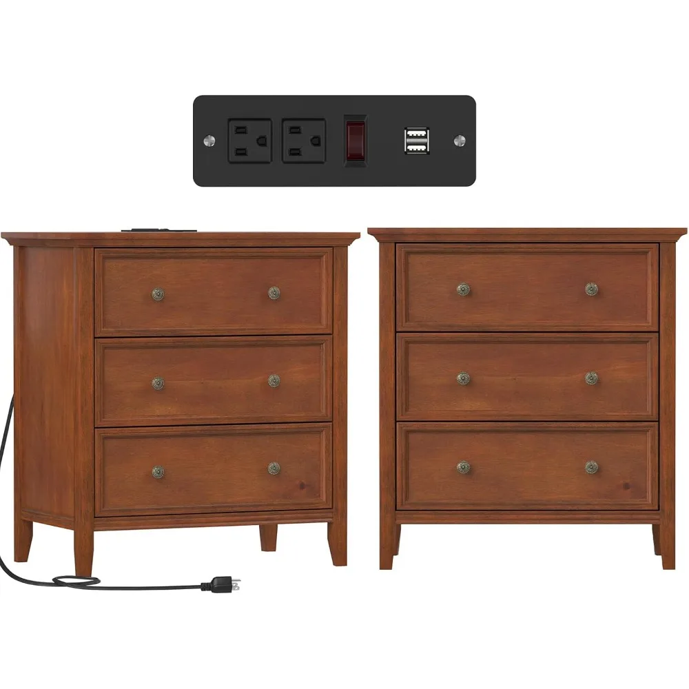 

3 Drawers and Charging Station, Solid Wood Nightstand Organizer for Bedroom Set of 2, Nightstands