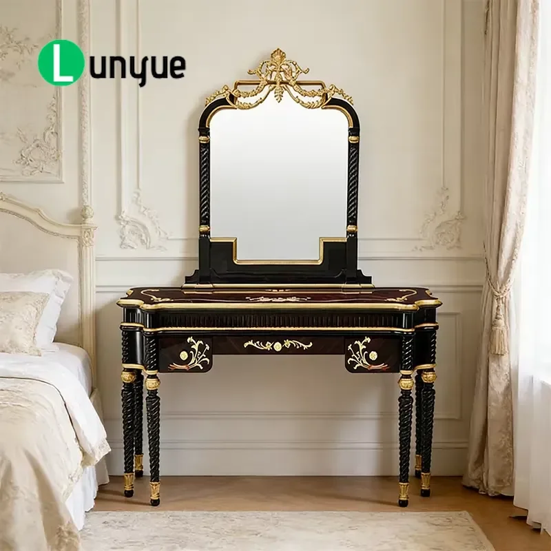 Vintage European Solid Wood Dresser with Mirror Classical Carved Ebony Black Luxury Bedroom Furniture Storage Cabinet