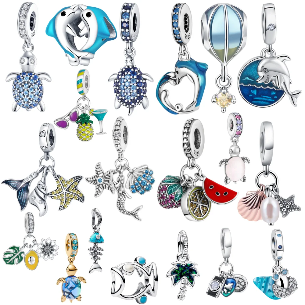 Pingentes Originais de Prata Esterlina 925, Charme de Elefante, Golfinho e Concha, Compatíveis com Pulseiras, Presentes de Joias para Mulheres