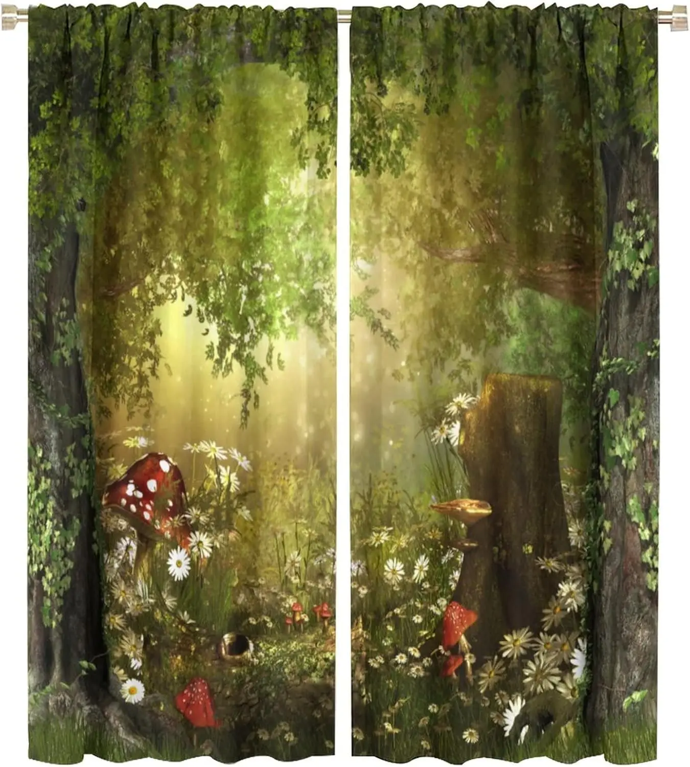 Dream Forest Curtains Beautiful and Charming Fairy Tale Lush Forest Land Mushroom Stumps Flowers Suitable for Kitchen Blackout