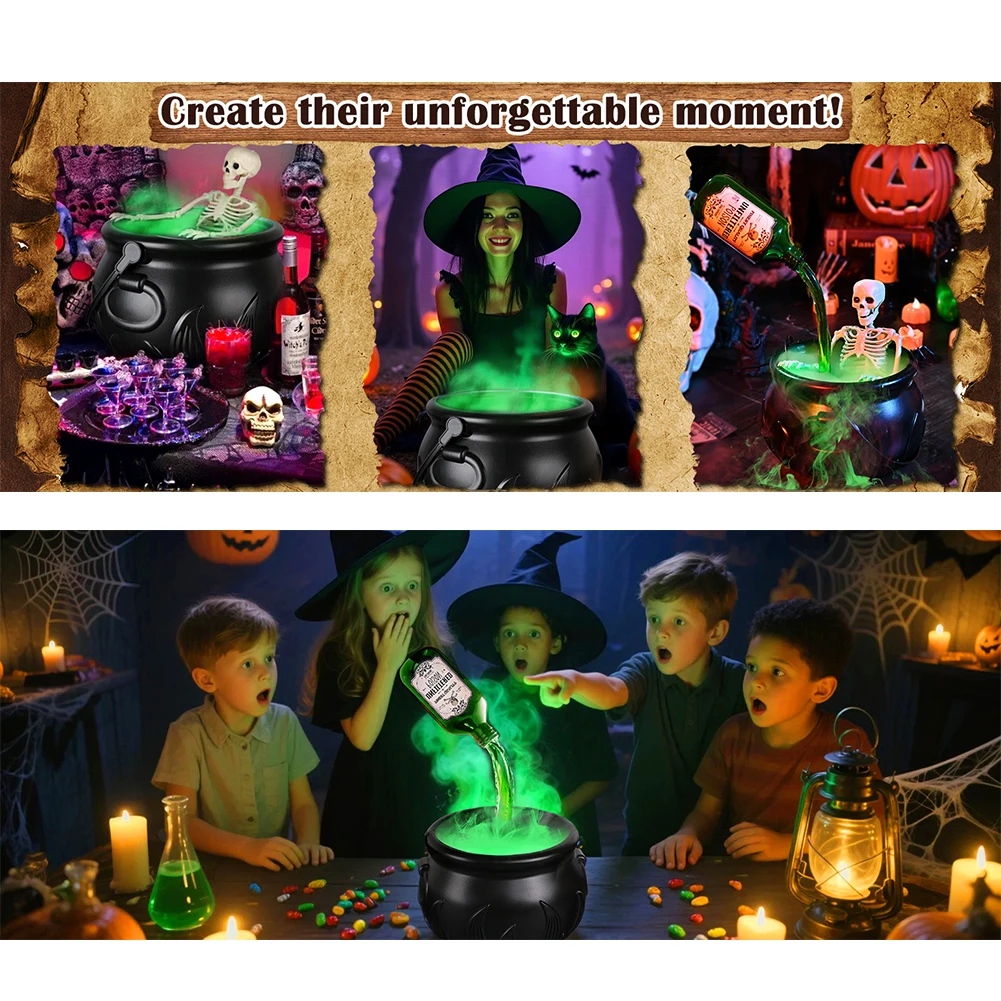 هيكل عظمي للهالوين وعاء ساحرة أسود دلو مرجل أسود LED صانع ضباب لديكور الهالوين الرعب