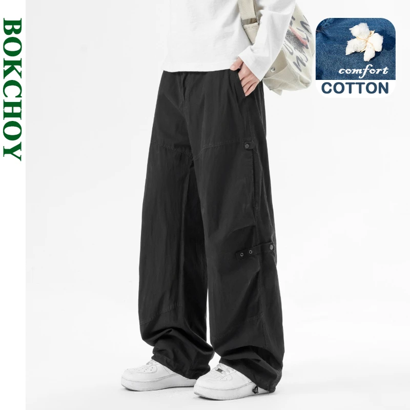 2026 Spring Summer New Comfort Cotton Big Pocket Simple Cargo Pant for Men Solid Color Drawstring Pants JL26217
