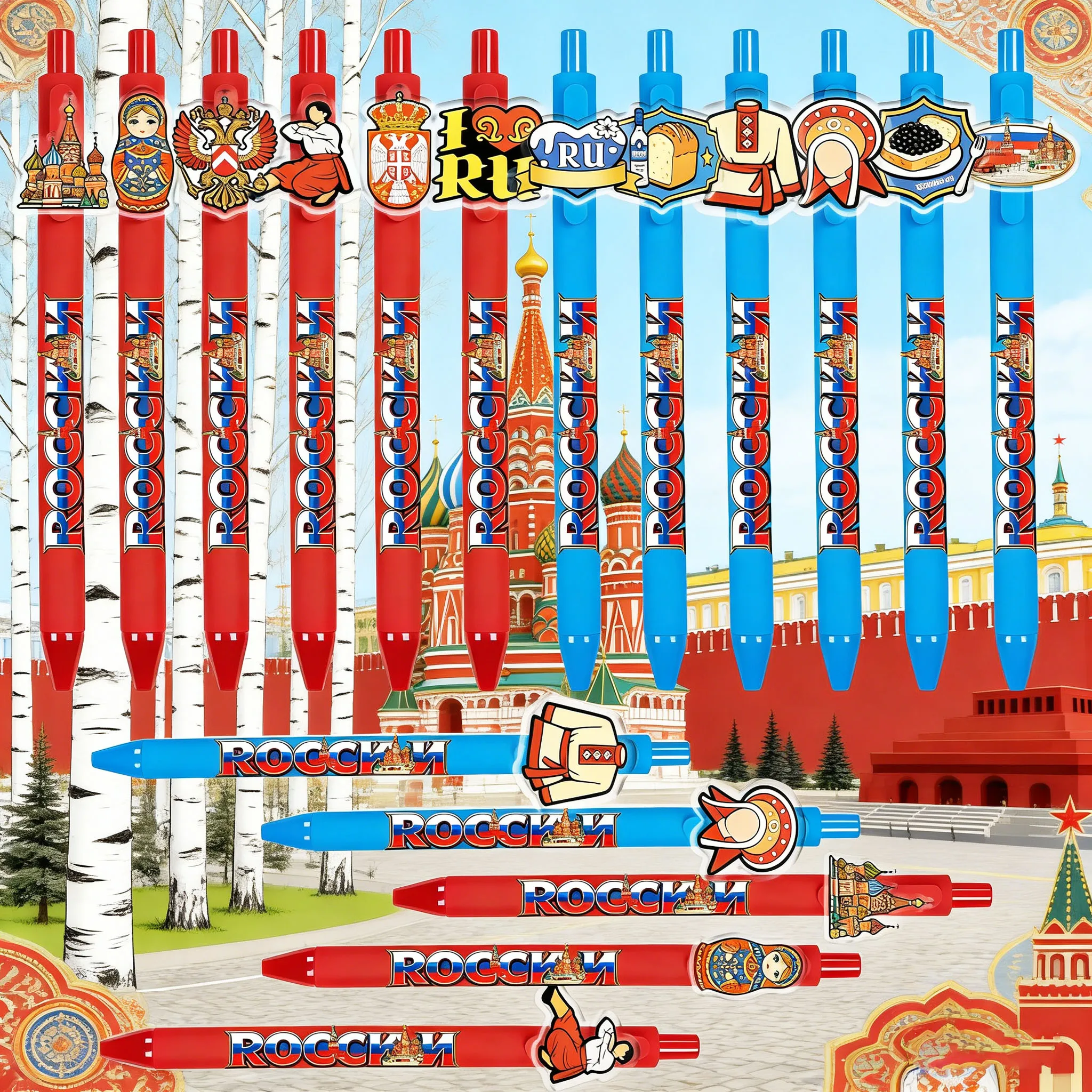 

12/17 шт. шариковых ручек в русском стиле с узором, красно-синяя цветовая гамма, для студентов и офиса.