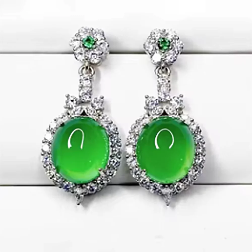 

Luxury Gentle Style Translucent Natural Chalcedony Earrings Women 925 Silver Full Diamond Green Jade Earings J