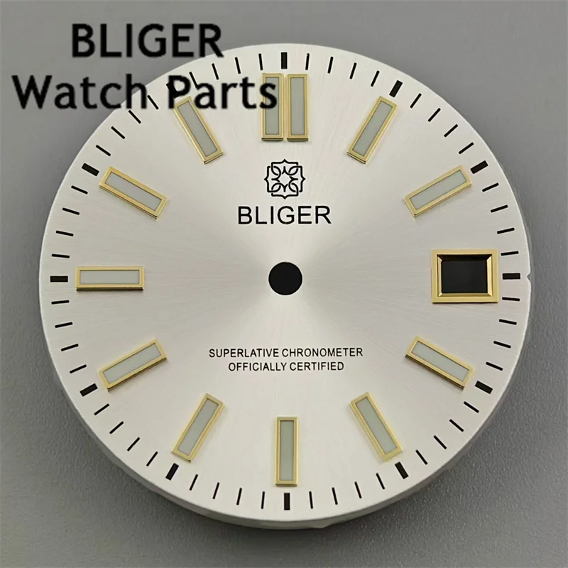 BLIGER-Mostrador do relógio branco com índice de ouro ou prata, C3 luminoso verde, Fit NH35 NH36 Movimento, 3.0 Relógio Coroa, 3.8, 29mm