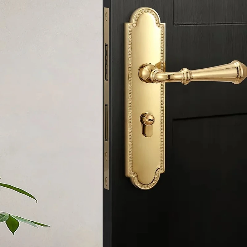 French Gold Bedroom Lock Magnetic Silent Lock Double Door Handle Lockset, Zinc Alloy Privacy Keyed Entry Hardware of Wooden Door
