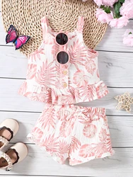 3-Piece Baby Girl Set With Summer Suspender, Shorts, Cartoon Sunglasses, Pure Cotton, Soft, Comfortable, Cute And Fashionable