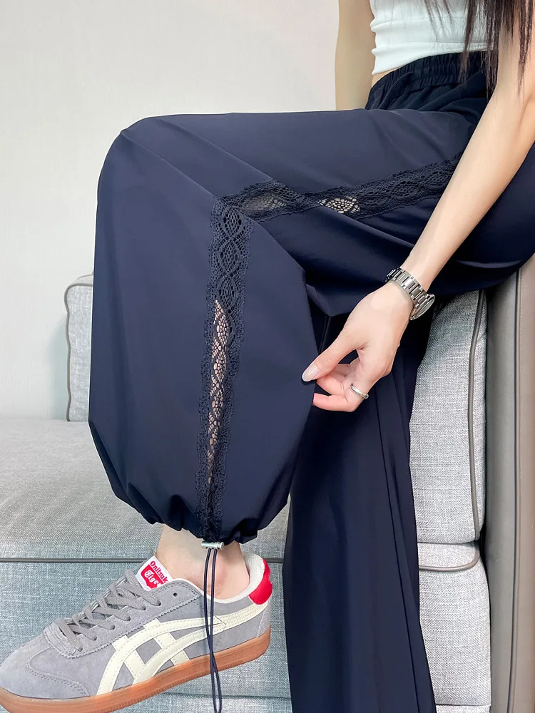 

Широкие брюки из ледяного шелка с высокой талией, женские летние тонкие новые свободные солнцезащитные брюки Qui Dry, повседневные прямые брюки-трубы