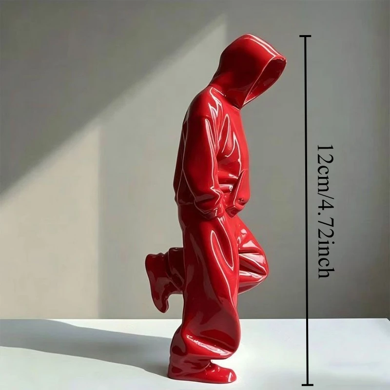 3D Printed Glossy Red Hooded Man Resin Statue Abstract Walking Figure Sculpture With Layer Lines Tabletop