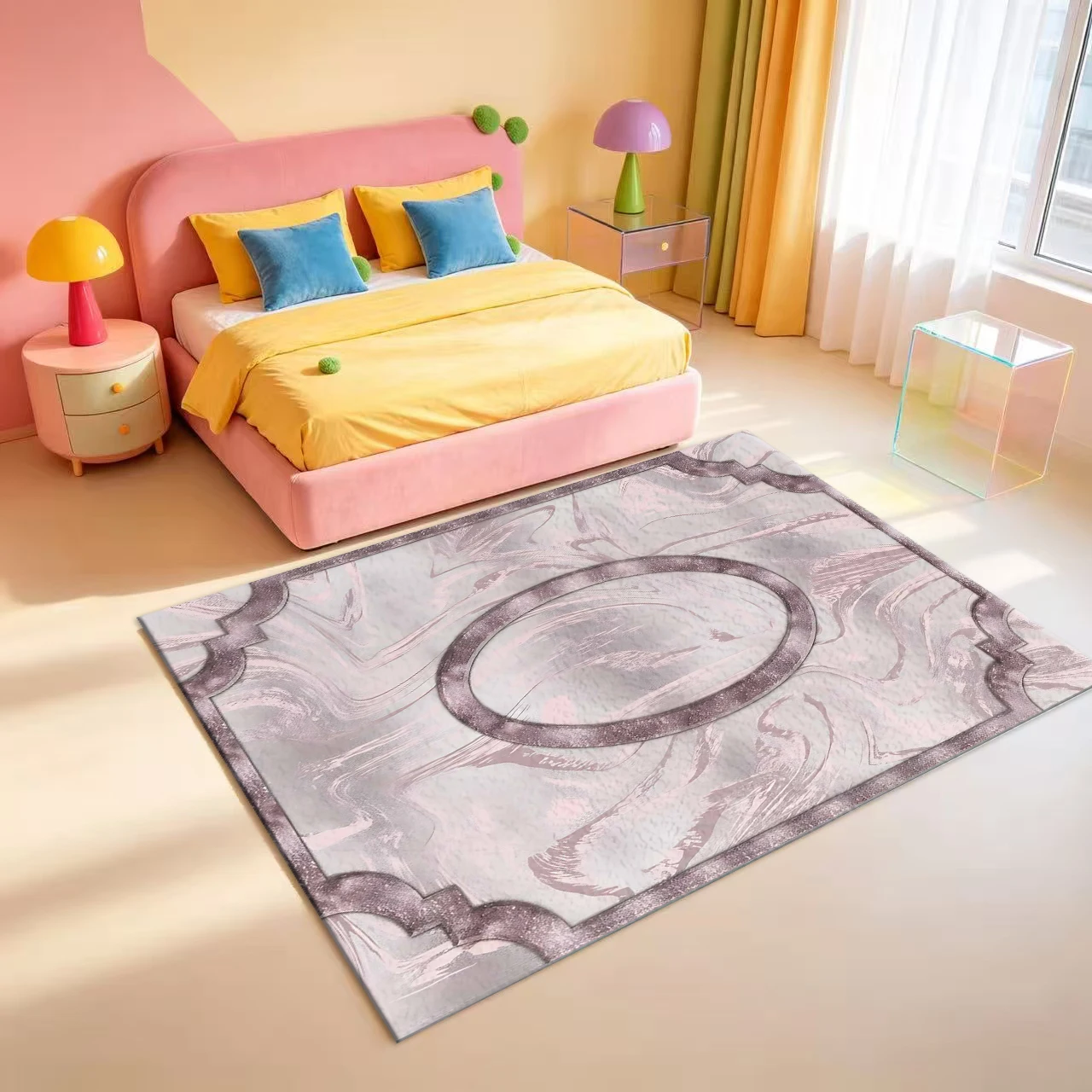 Luxury Marble Swirl Area Rug, Pink Gold Geometric Frame Floor Carpet for Bedroom Living Room Modern Home Decor