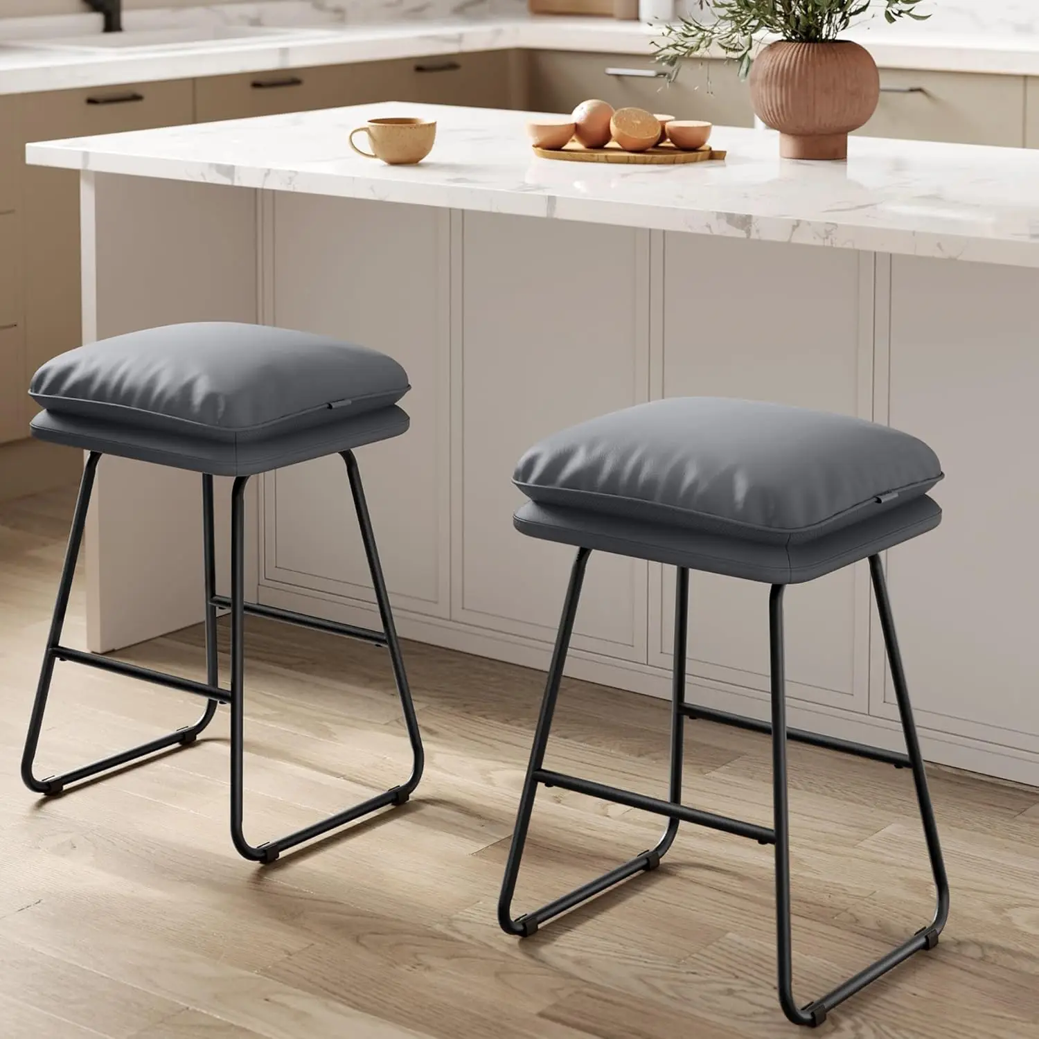

Bar Stools Set of 2, Counter Height Bar Stools, Leather Counter Stools Barstools with Soft Cushion and Metal Sled Legs, 25.6