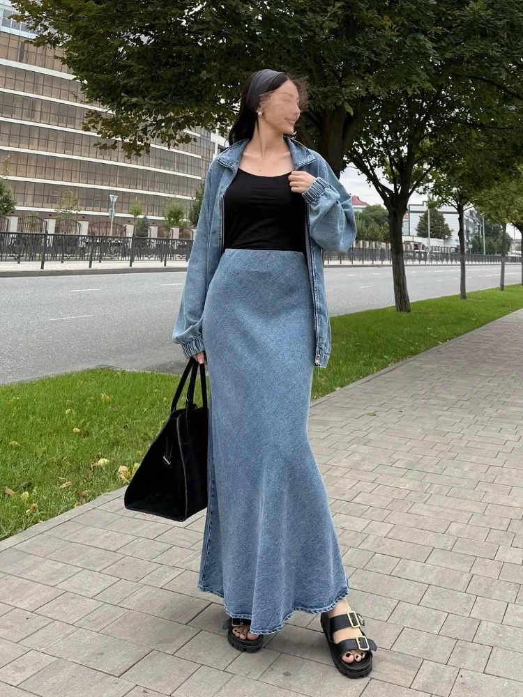 Solid Denim Long Skirt Two-piece Set Women V-neck Zipper Loose Full Sleeves