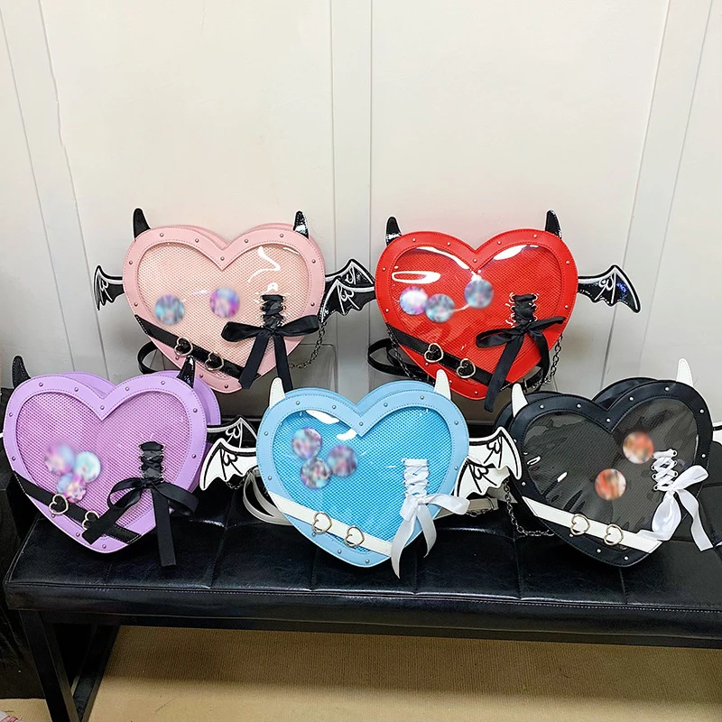 

Fashion Heart Shaped Crossbody Ita Bag PU Leather Punk Badge Display Devil Bat Ita Messenger Bag Cosplay Itabag 2025 New