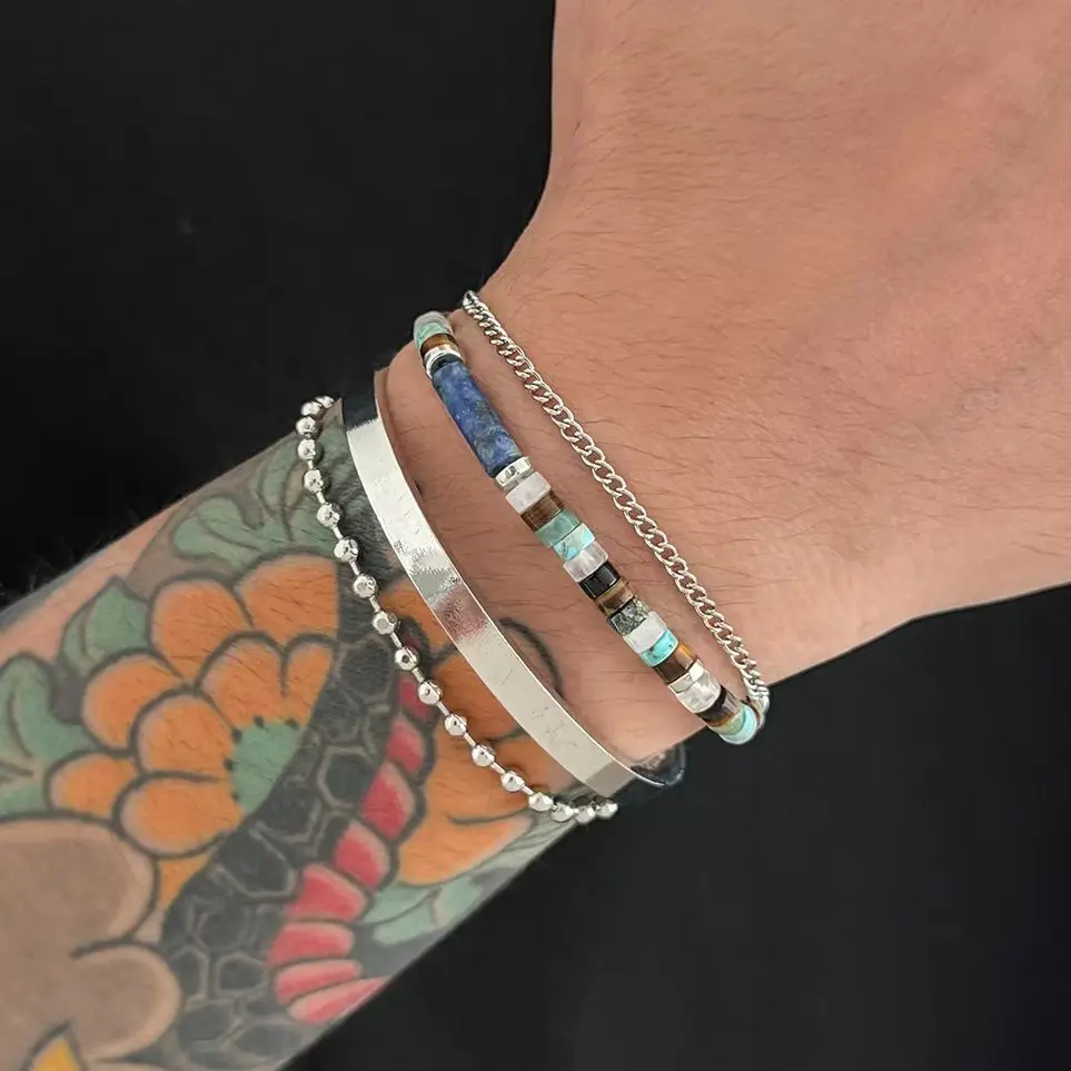 SHIXIN 4Pcs/set Vintage Handcrafted Natural Stone Bead Bracelet Women Men Exquisite Silver Color Chain Bangle Party Jewelry Gift