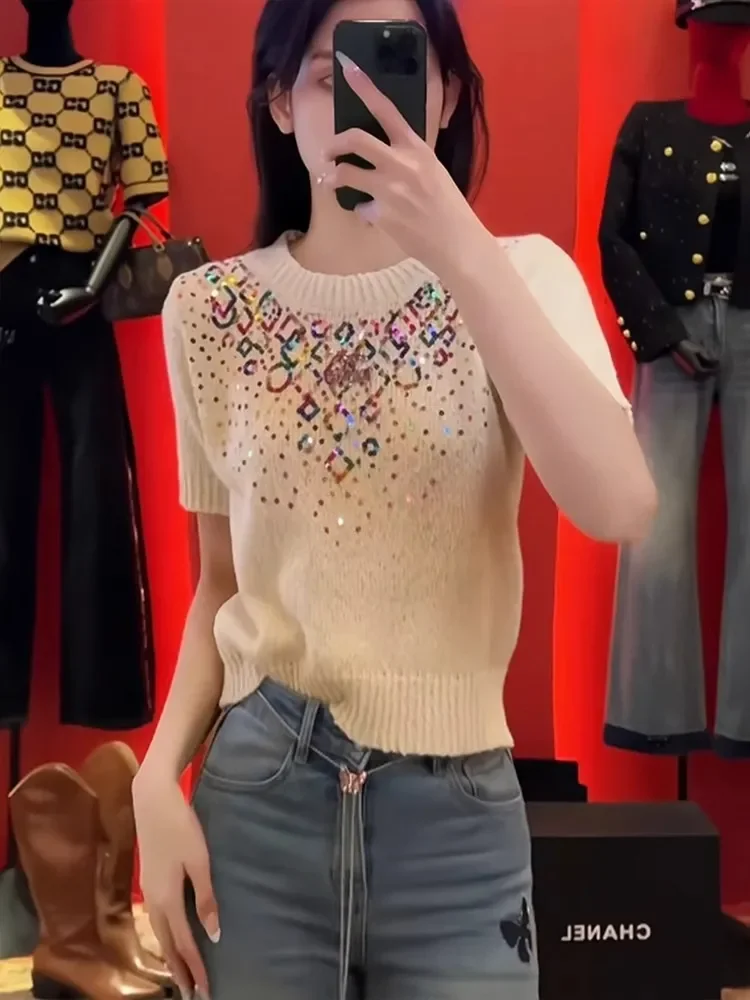 

Women Knitted T-shirt Summer Short Sleeve Tops Sequins Sweet Knitwear Pullover Thin Tees Chic Design Sweater Soft Black White