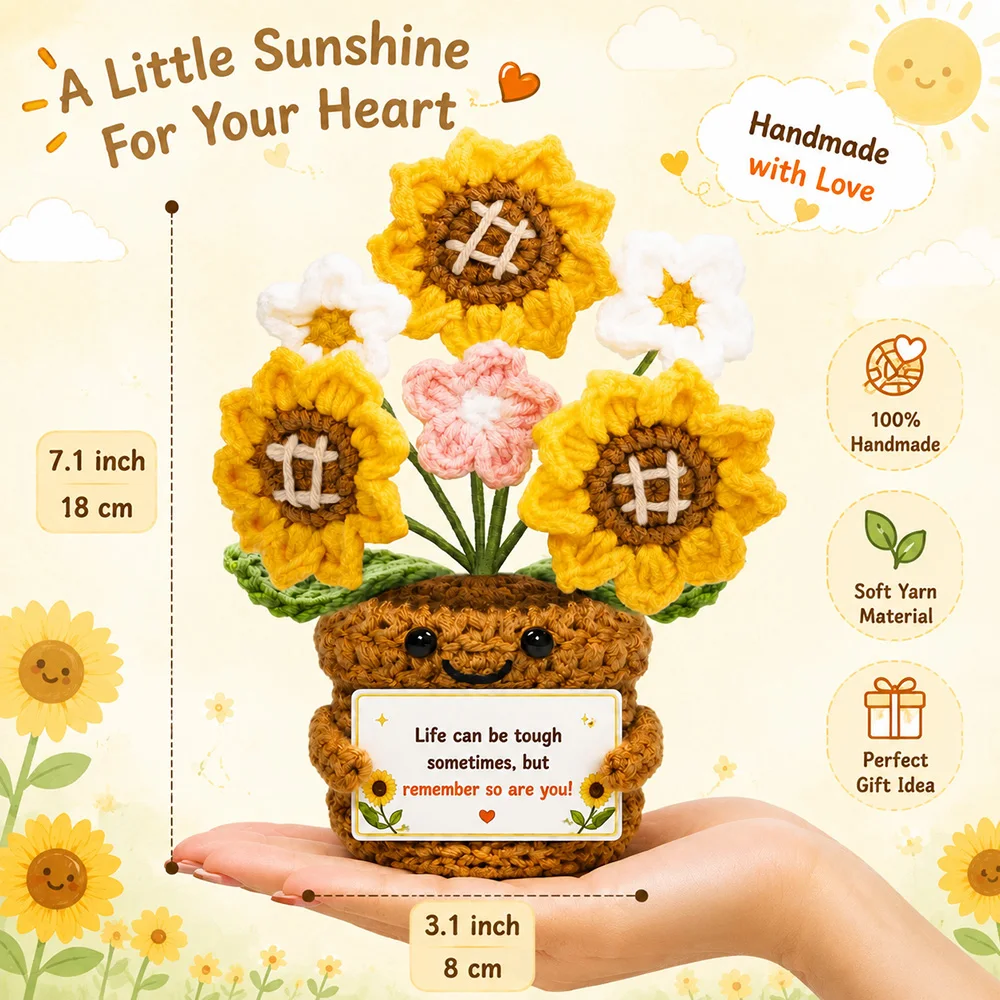 Positive Crochet Handmade Amigurumi Doll Emotional Support Pocket Hug Knit Plant Flower Encouragement Gift for Friends Coworker view 3