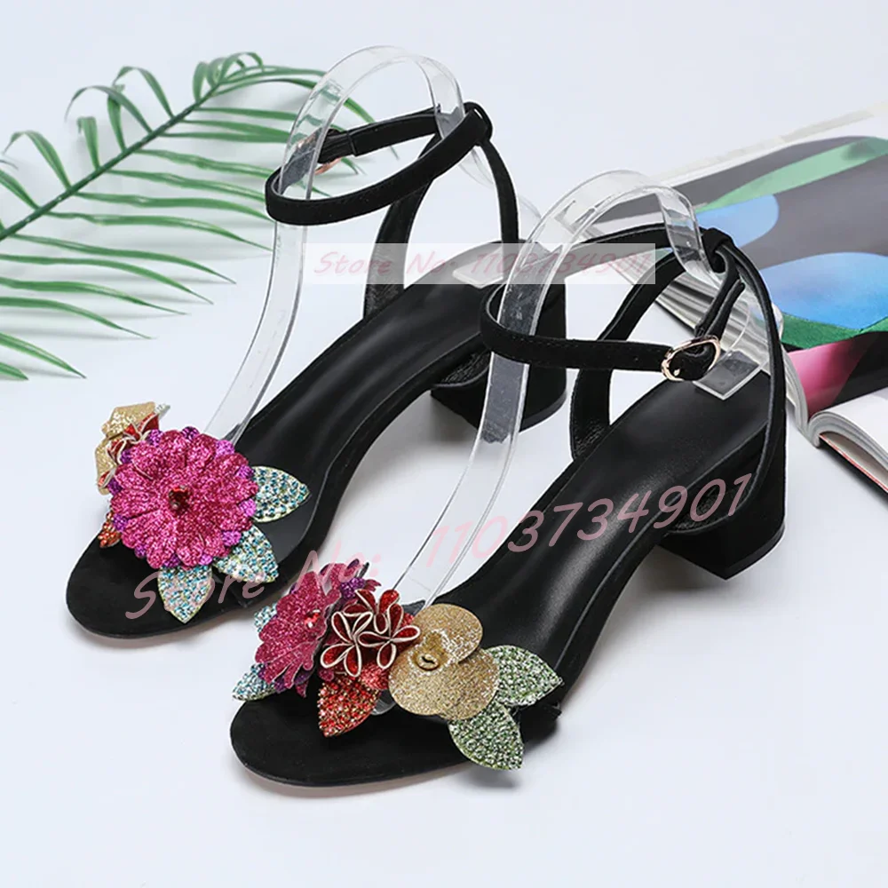 

Crystals Flower Elegant Ankle Strap Sandals Women Trendy Casual Big Size Block Heels Shoes Lady Sexy Party Patent Leather Shoes