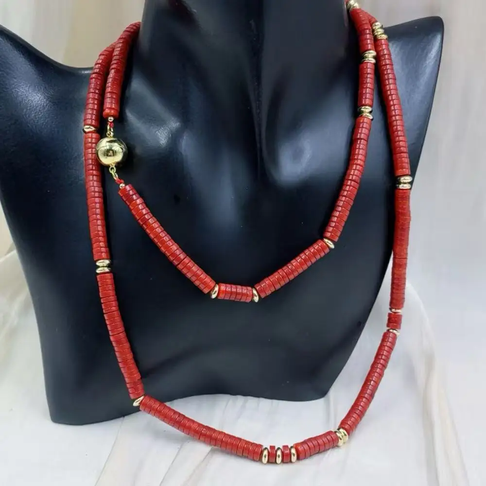 

4x6mm Coin Flat Round Orange Sea Bamboo Natural Coral Beads Women Wedding Jewelry Long Sweater Necklace 90cm