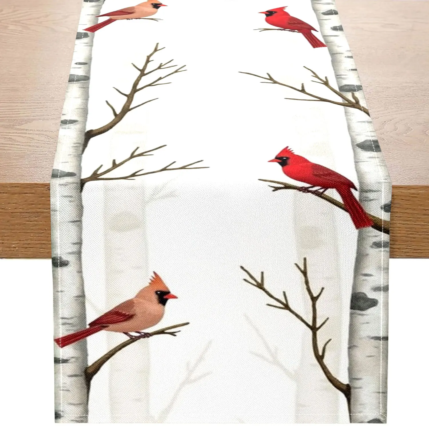 

Цельная рождественская дорожка для стола с красной кардинальной тематикой, с красными кардиналами и белыми березовыми деревьями, со словами «Веселого Рождества», подходит для рождественских вечеринок и сцен для украшения дома.
