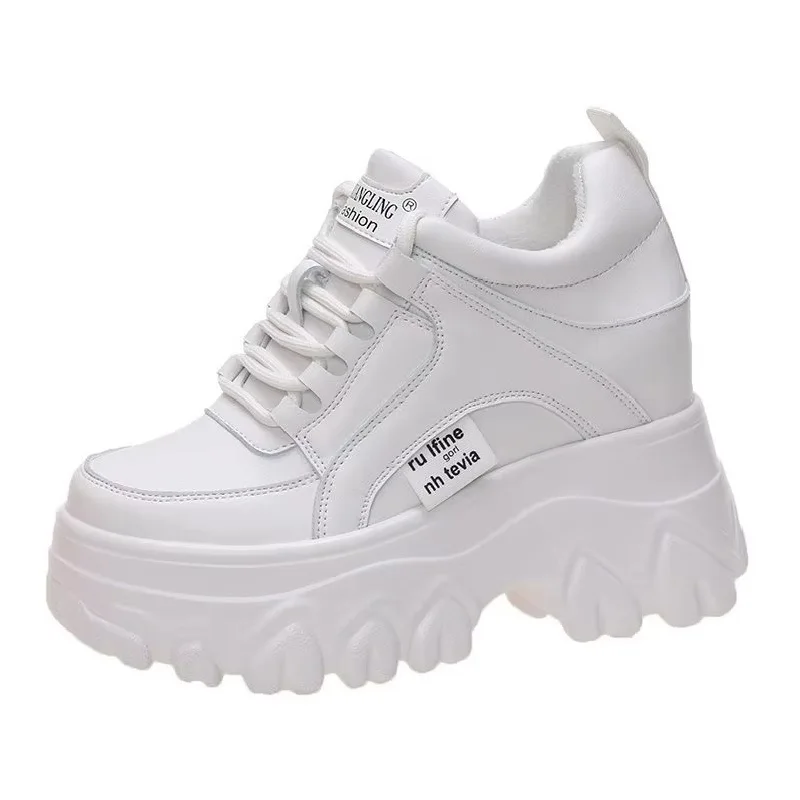 

9CM Wedge Heels Shoes For Women Leather Casual Shoes White Black High Top Chunky Sneakers Woman Vulcanized Lace Up Mesh Shoes
