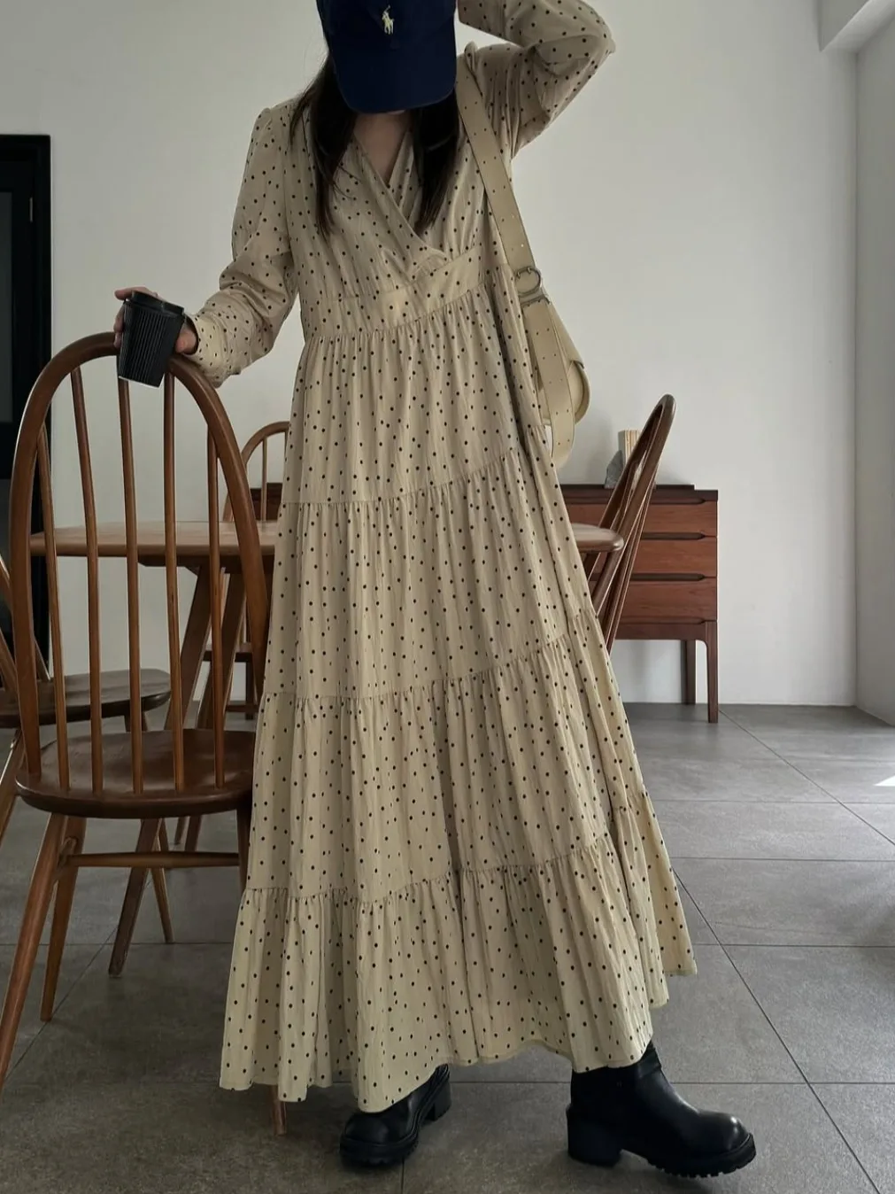Ele V-Ne Long Sve 폴카 도트 프린트 Maxi Dr 여성 가을 ​​Faion Long Tea Break 스커트 Trend Street Sle Dr
