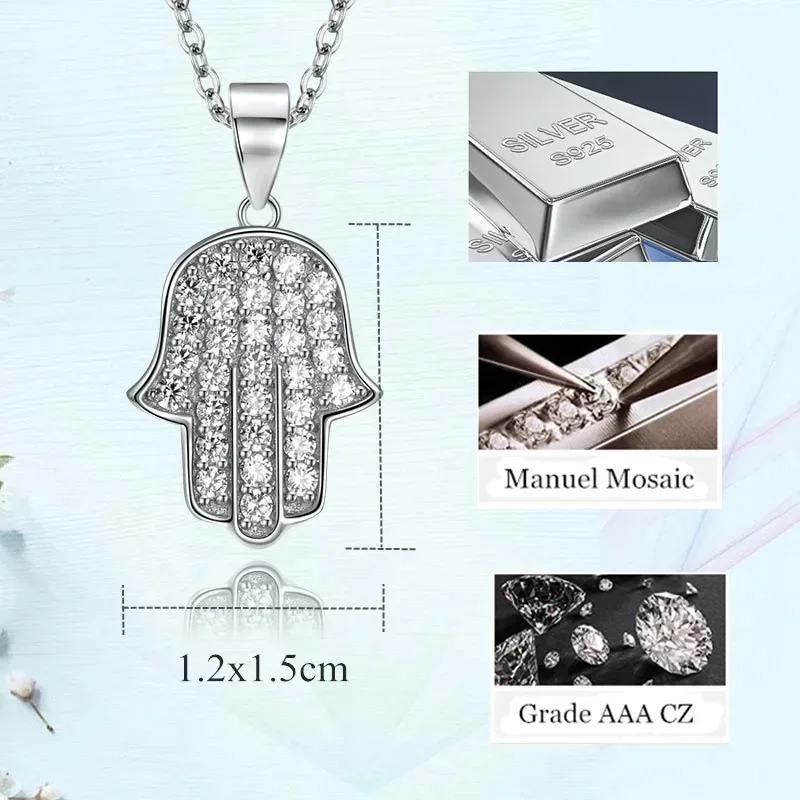 Genuine 925 Sterling Silver New Arrival High Grade Bling CZ Good Luck Protect Fatima Hand of Hamsa Pendant Necklace KLTP009