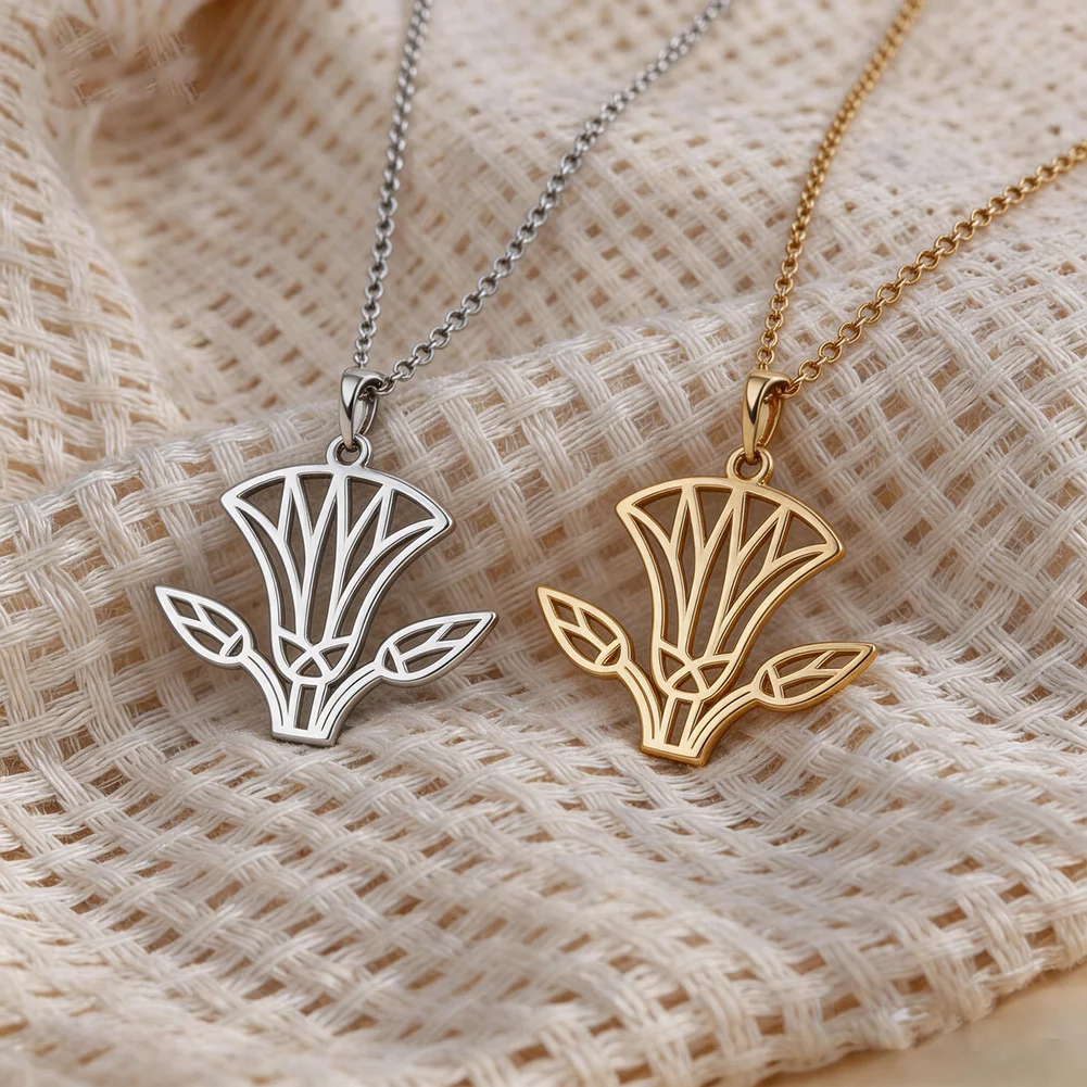 Egyptian Lotus Hollow Out Vintage Flower Pendant Neckalce for Women Men Stainless Steel Egyptian Symbol Coat Scarf Jewelry Gifts