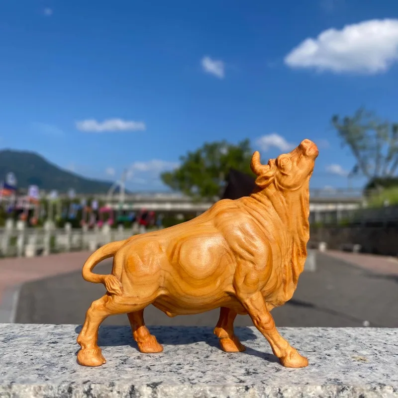 Boxwood Wood Carving Ox Statue, Feng Shui Wall Street Bull Home Decor, Collectible Handpiece Crafts for Living Room