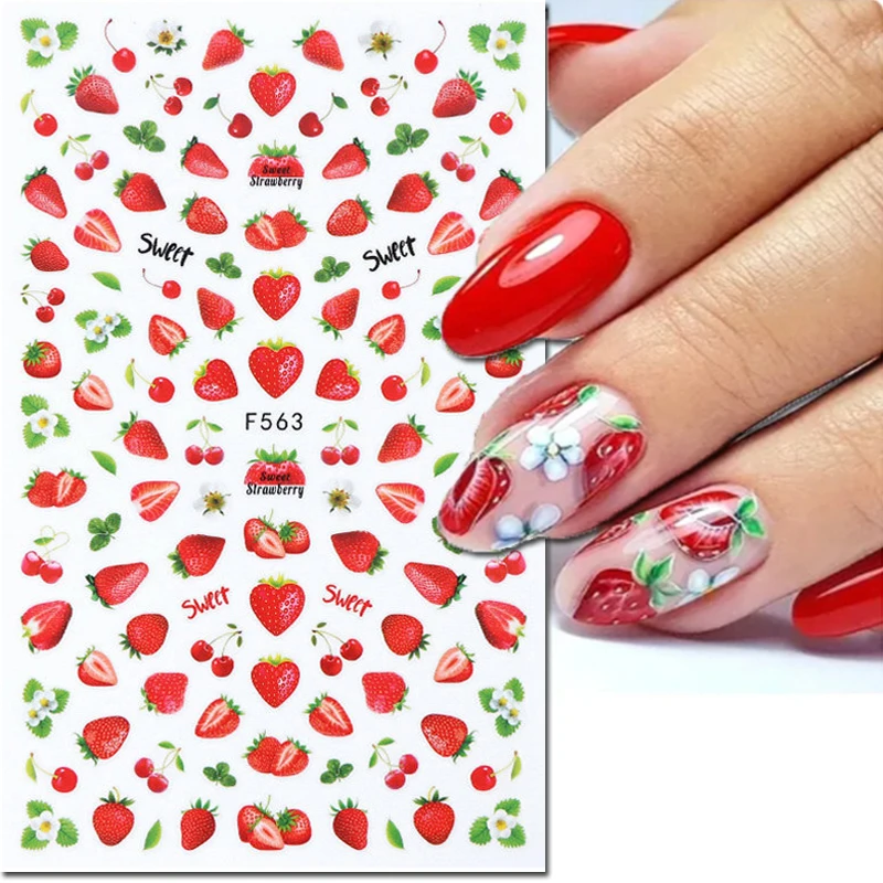 3d Nail Art Decals Cute White Petals Florals Flowers Strawberry Fruits Adhesive Sliders Nail Stickers Decoration For Manicure