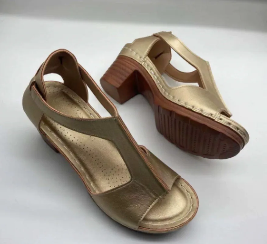Summer Woman Sandals PU Buckle Strap Round head Shallow Comfy Soft Retro Thick heel Zapatos De Mujer Women Shoes Size 36-43