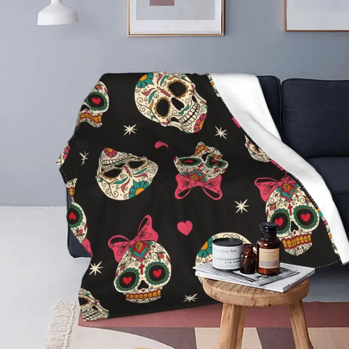 Sugar Skull Flannel Blankets Mexican Style Funny Throw Blankets for Home Bedspread for All Season Microfiber Soft Couch Blanket