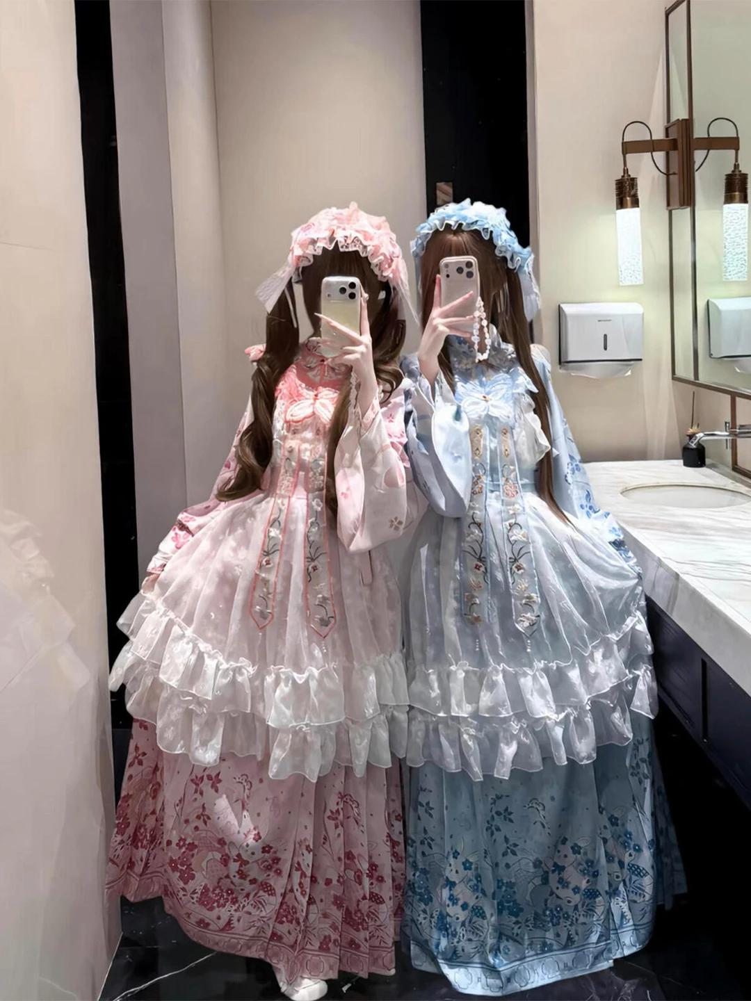 Blue Pink Hanfu Lolita Embroidered Cloud Shoulder Tunic Top Skirt Set Women's Cute Lolita Dress Traditional Chinese Costume
