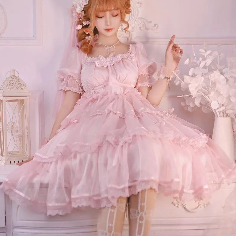 Large Sweet CD Lolita op Dress Sissy Kawaii Pink Bow knot Tulle Lace High Waist Puff Square Neck Elegant Bubble Sleeve COS Dress