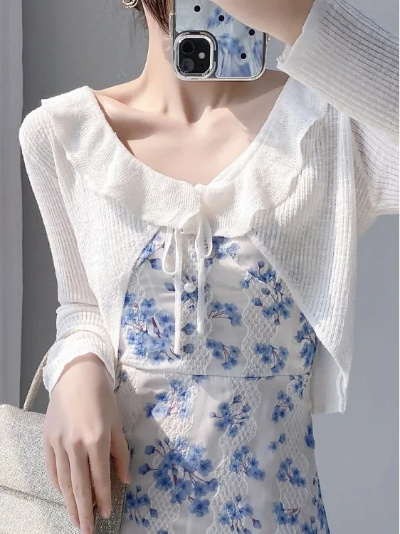 

Thin Knitted Ice Silk Cardigan Women's Summer Air Conditioning Sweater Strap Vest Outer Shirt Shoulder Shawl Fairy Outerwear