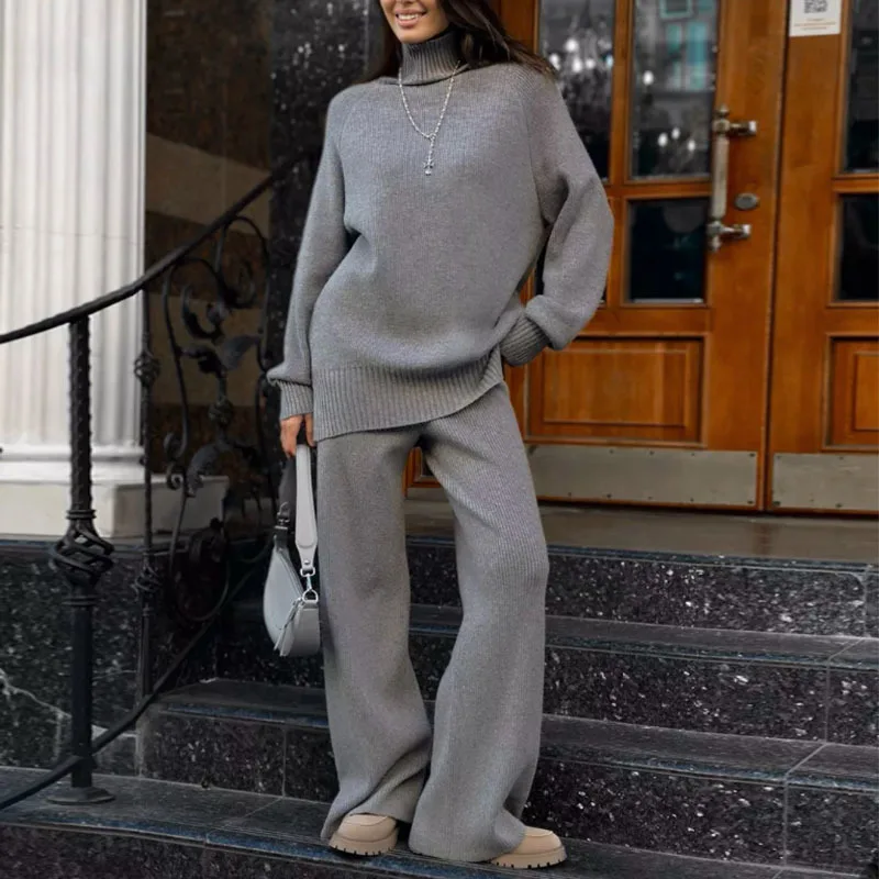 Suninheart Maglione dolcevita invernale Pullover e pantaloni Set Pantaloni a gamba larga da donna Abito lavorato a maglia moda in due pezzi da donna